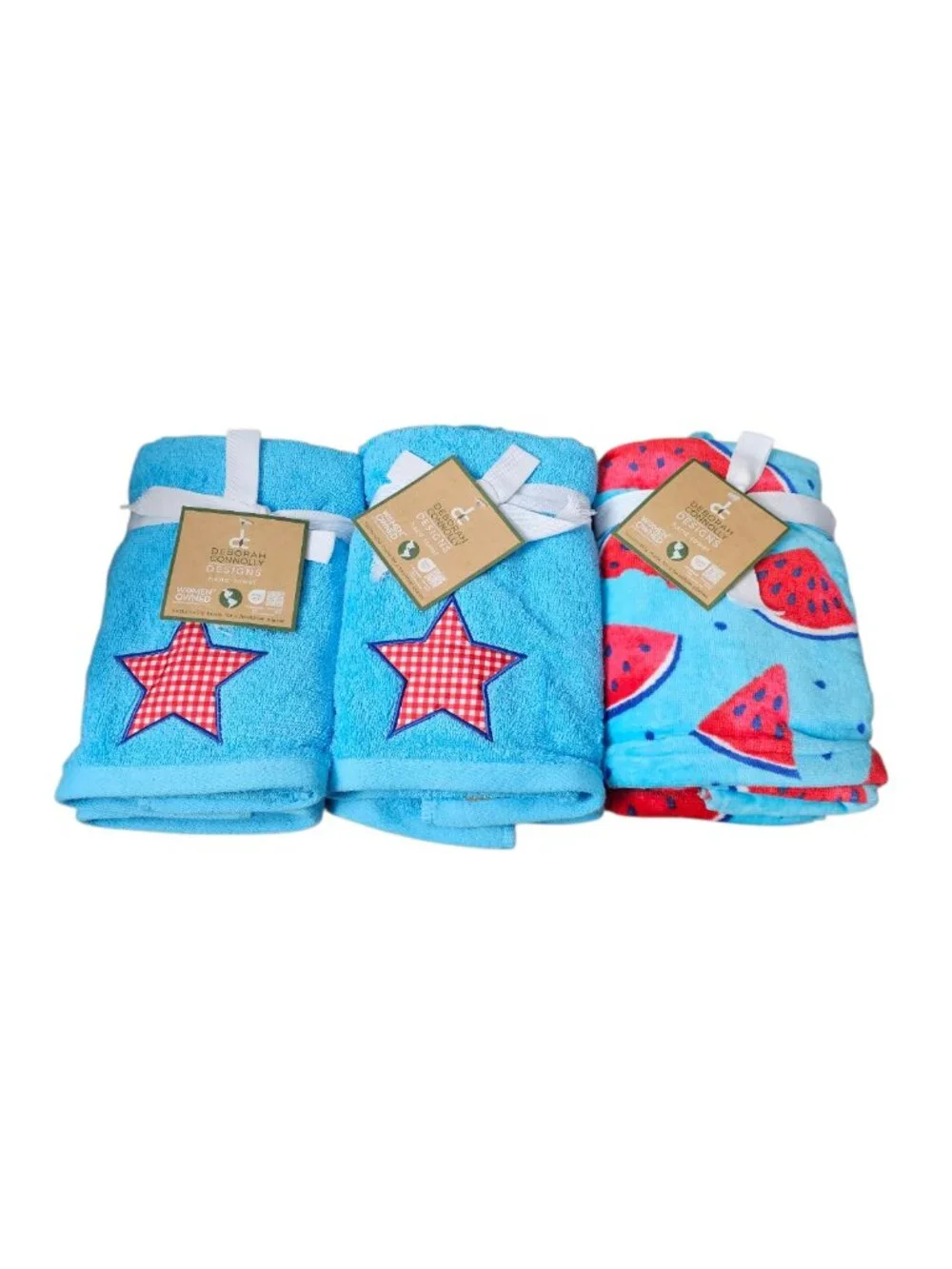 Deborah Connolly Hand Towels Blue Embroidered Star Red Plaid Watermelon New 6pc